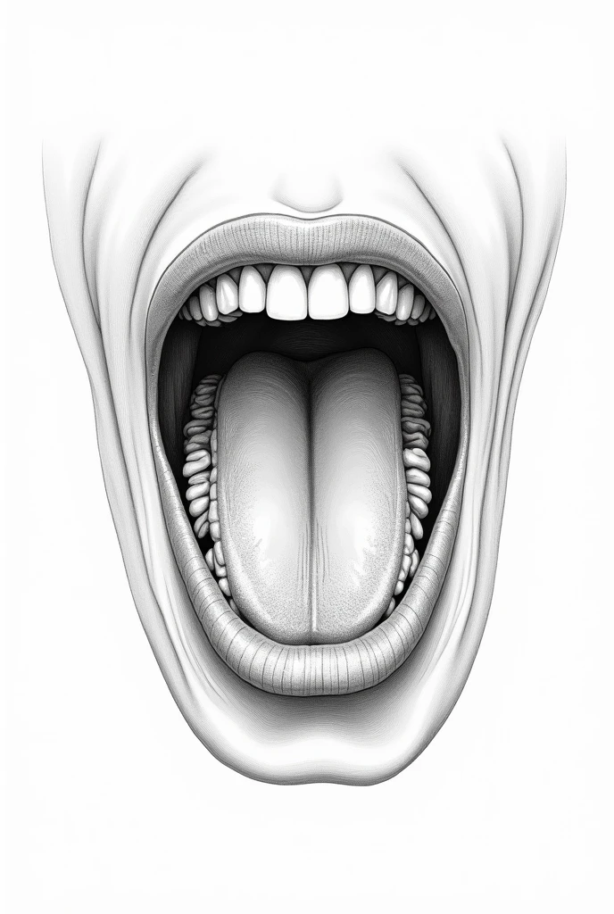 Black and white drawing without color of the complete parts of the human mouth