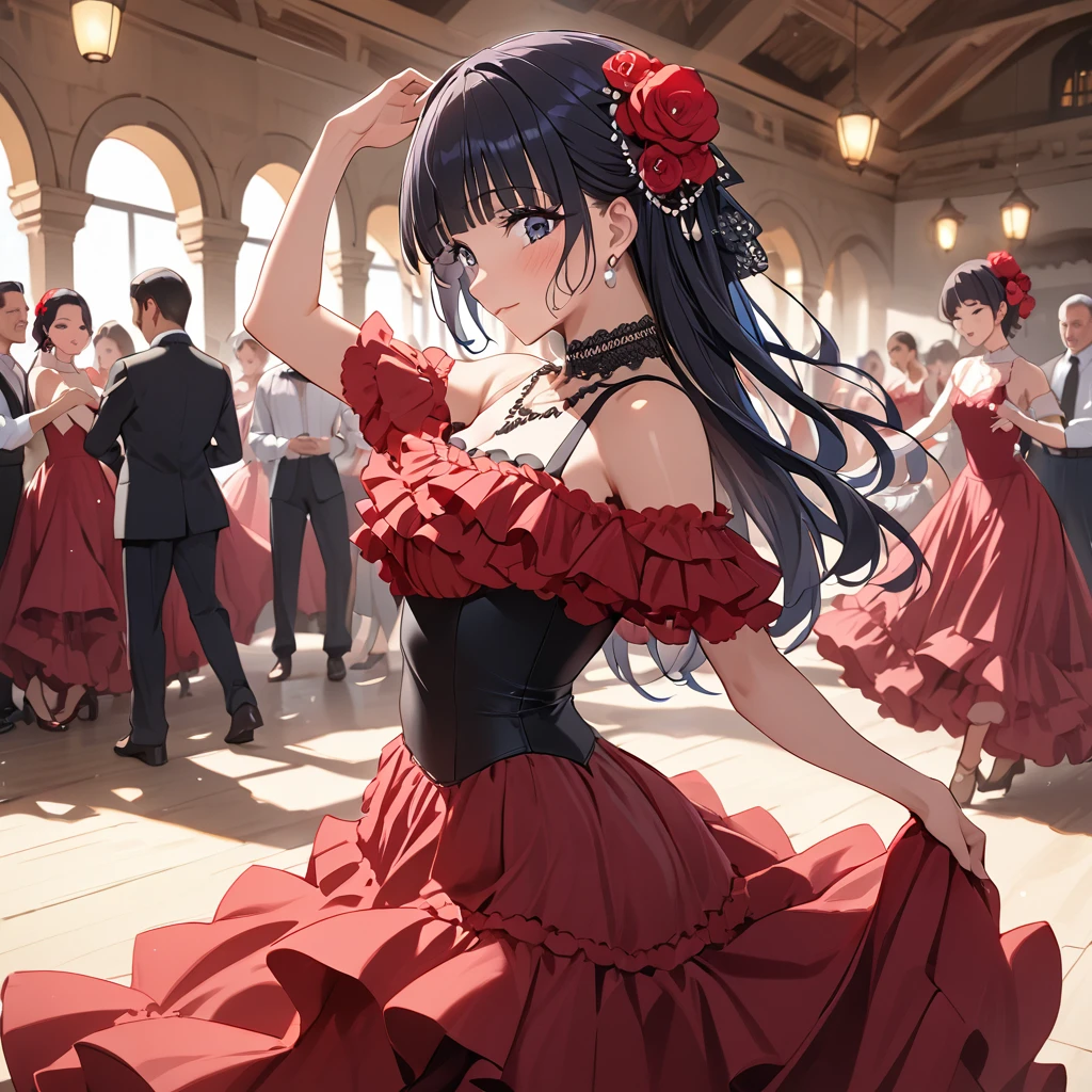 ((Highest quality)), ((masterpiece)), (detailed), （Perfect Face）、The woman is Reika Aoki with semi-long hair、Woman dancing flamenco in flamenco dress in Spain