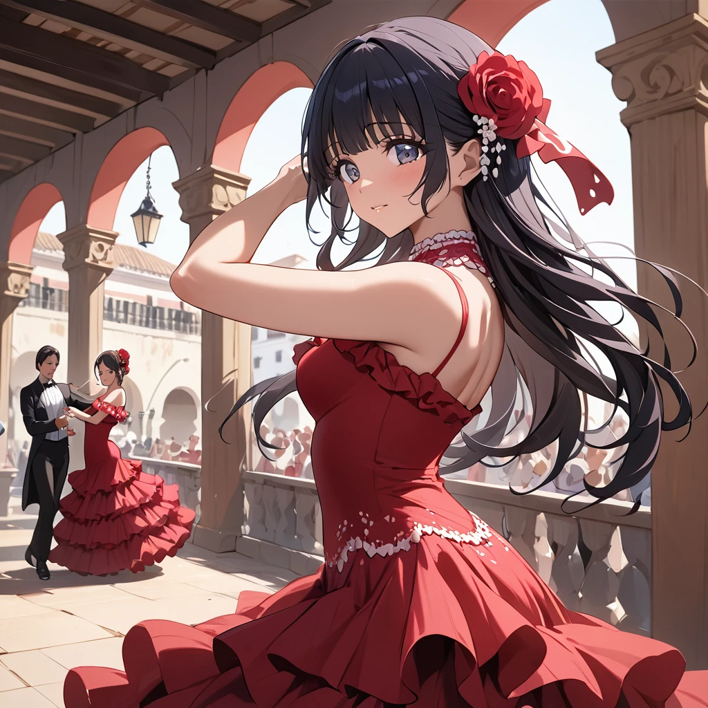 ((Highest quality)), ((masterpiece)), (detailed), (Perfect Face)、The woman is Reika Aoki with semi-long hair、Woman dancing flamenco in flamenco dress in Spain