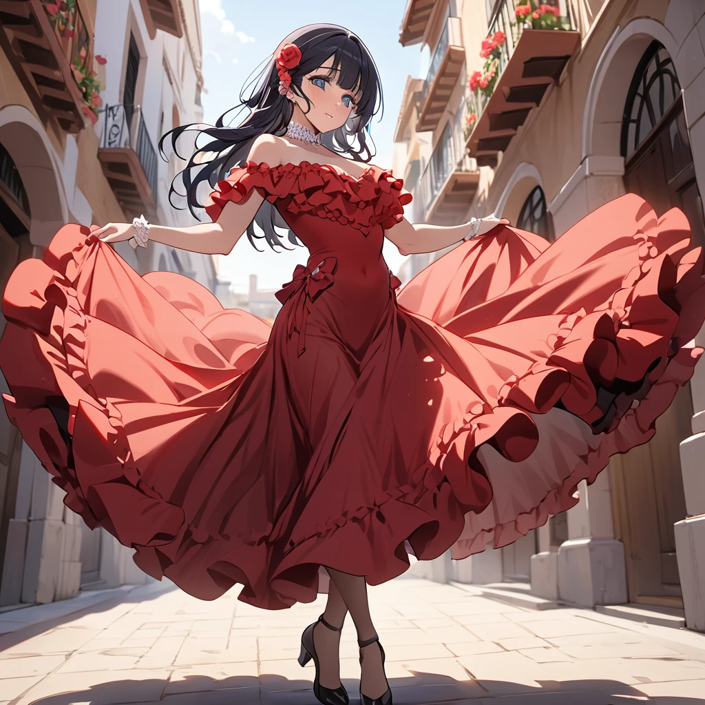 ((Highest quality)), ((masterpiece)), (detailed), （Perfect Face）、The woman is Reika Aoki with semi-long hair、Woman dancing flamenco in flamenco dress in Spain