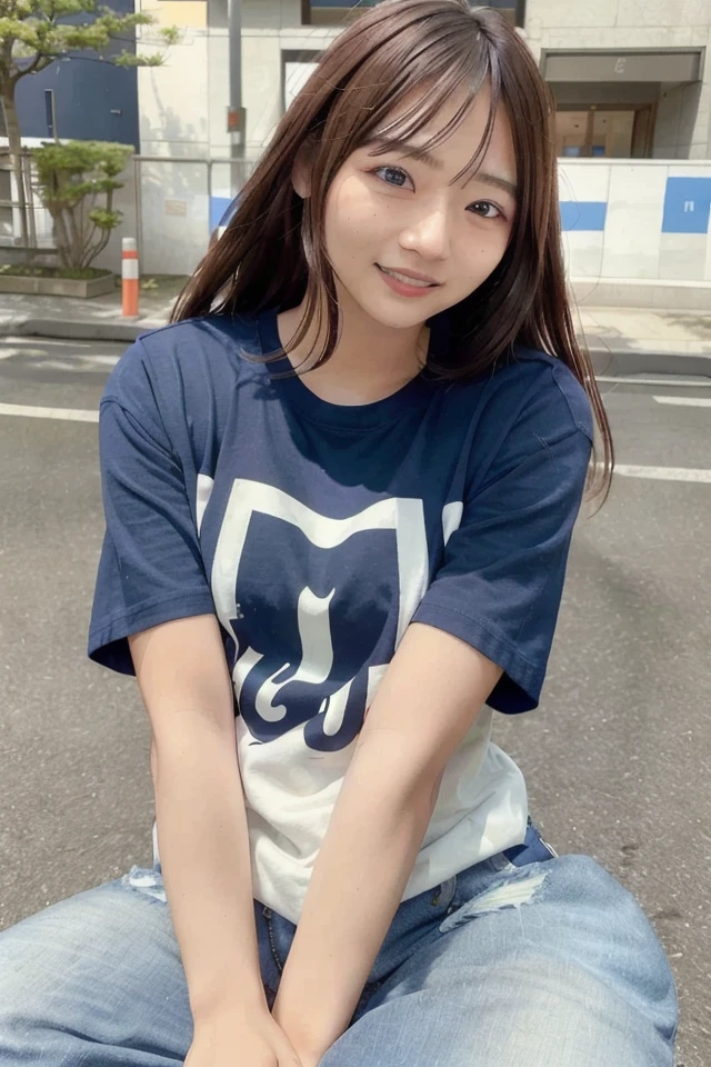 (skin blemish:0.8), (skindentation), black eye, 1woman, 25yo, (((woman))), solo, realistic, best quality, photorealistic, masterpiece, 8k, high res, solo, extremely detailed face, (professional lighting, bokeh), (light particles, lens flare, glowing particles:0.6), (dynamic pose:0.8), soft lighting, top angle view, fashionable and trendy atmosphere, Japan, tokyo, playground, street, city, shop, river, ((daytime)), sky, ((looking at the viewer:1)), (looking at the camera),(portrait:0.6), cowboy shot, gorgeous, sitting, hands down, keep original facial proportion, wide shoulder, full body, (medium breast), (long hair), brown hair, floating hair, lips, lipstick, seductive smile, floating hair, smile, open_mouth, teeth, T-shirt, round neck T shirt, shorts, jeans, eyelashes, mole, (mole under eye:1),