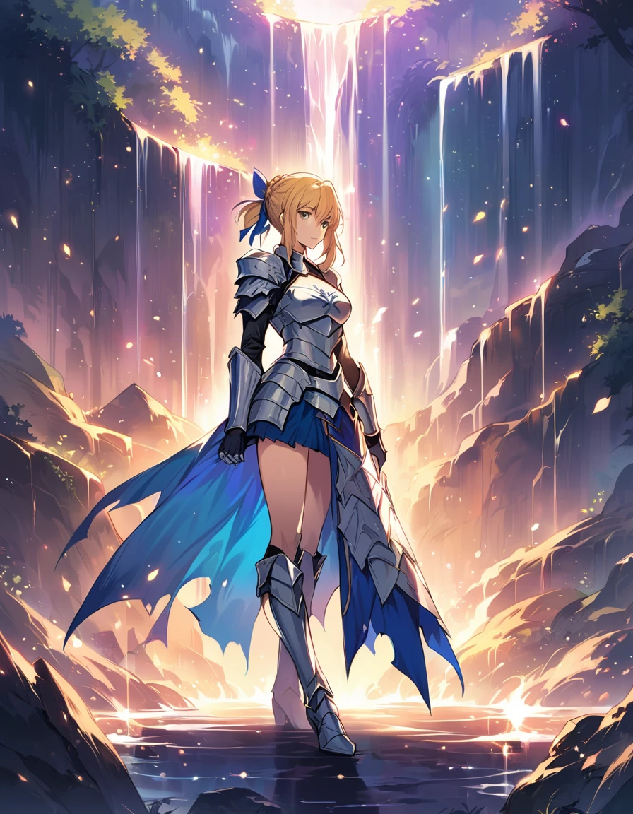 score_9, score_8_up, score_7_up, score_6_up, source_anime, BREAK Anime - Stylistic image of Artoria Pendragon (braid, short dress, ribbon, hair ribbon, armor, gauntlets, armored dress, boots:1.2), BREAK cleavage, (undressing, removing her armor:1.3), BREAK Standing by waterfall, sword in the ground neaarby, Extremely detailed Artgerm, Artgerm on ArtStation Pixiv, BREAK Epic light novel art cover, gorgeous female paladin, trending on artstation pixiv, BREAK sunny, daytime, shallow depth of field, BREAK highly detailed, bokeh, moody, epic, gorgeous, grainy, BREAK (ultra-detailed), (best illustration), (best shadow), (absurdres), (detailed background), (very aesthetic).