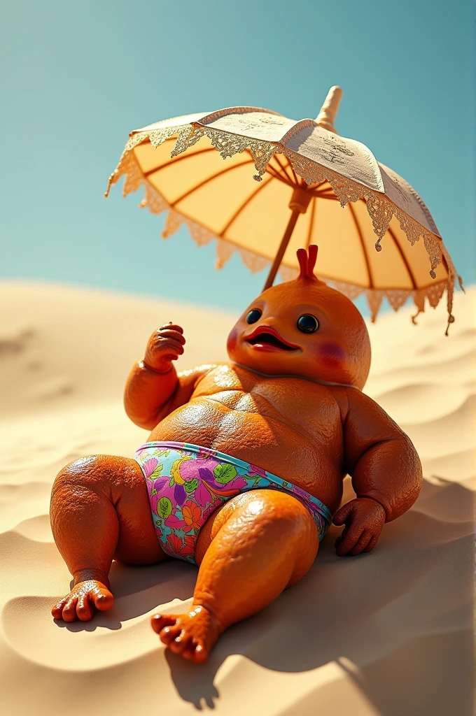 A grilled roast chicken lies in the sun on a dune with a parasol and wears a bikini.