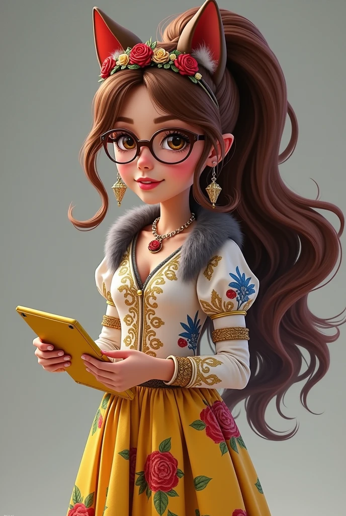 Imagem da filha da Ramona Badwof e da Rosabella Beauty de Ever After High: A long wavy brown ponytail with red streaked bangs, first of all, light brown eyes, brown glasses with a red rose, long white blouse with blue, with red roses on the blouse and sleeves, yellow skirt with golden roses, a faux fur collar around the neck of gray color, wolf earrings, wolf necklace,brown high heel boots with roses, golden flower tiara on head, You have to be holding a yellow tablet with red roses in your hands, You have to have red highlights in your hair and you can't have wolf ears on your head