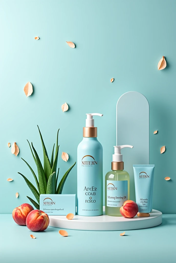 create a skin care kit based on aloe vera and peach with the bigpharma brand, The whole package is light blue and a little bit of red, the kiy contains, bar soap, Liquid soap and a moisturizing oil 