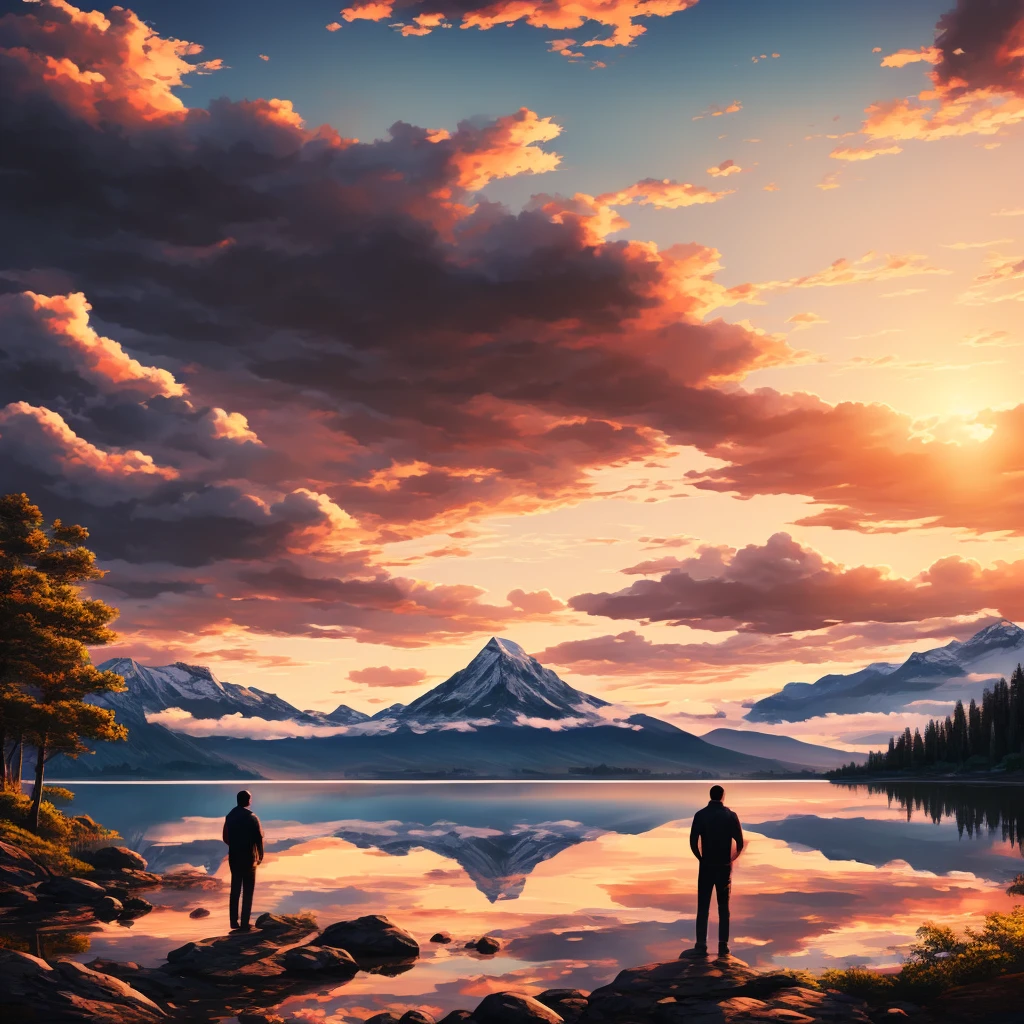 Painting, sunset, man staring into the distance, mountain, lake, sad vibe, Clouds form the words "A Beautiful Place To Cry"