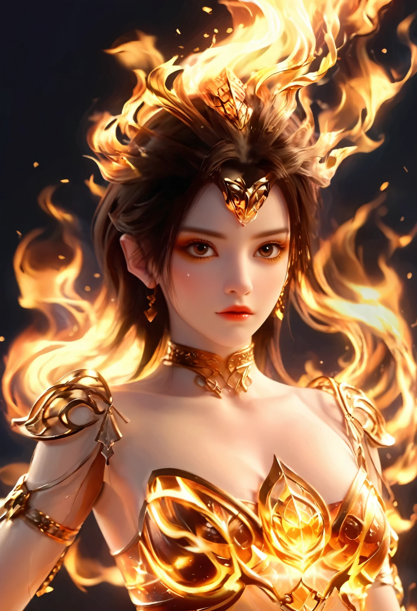(theelementoffire:1.1),Composed of fire elements,(1 busty girl:1.2),catching fire,transparency,Fiery,(Molten rock),Flame skin,Flame print,fiery hair,smokes,cloud,LOP,,a girl wrapped in flames, Flames rise and sparkle,burning hands,Translucent glow,