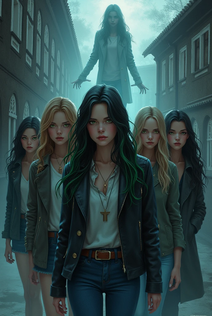 A book cover design with title: "Les Murmures du passé". The cover should feature a renaissance-style high school building in the background. In the foreground, there are four girls: the rebellious one with black hair and green tips, and green eyes; the popular one with blonde hair and blue eyes; the studious one with brown hair and brown eyes; the cool one with black hair and black eyes. The fifth girl is a Ghost, wearing chic 1990 clothing, appearing slightly translucent. They are all depicted as if investigating something mysterious. The color palette include dark, moody tones with hints of silver and blue. The title is in a gothic font at the top. With the autor's name: " Sombiniaina J." At the bottom.