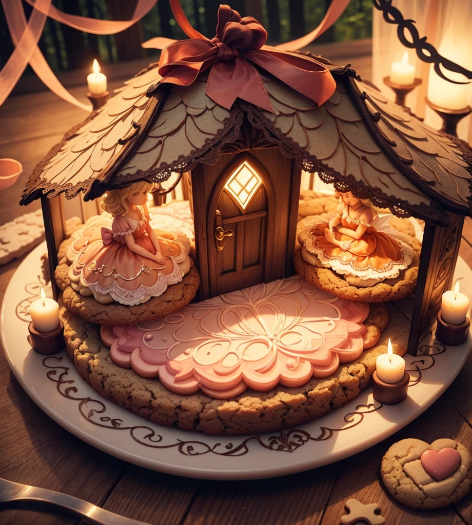 Making handmade cookies by combining them like a puzzle　in the forest　Candy House　Fairy World　chocolate　　The light shines through　Delicate lace and ribbon　Light color　peach