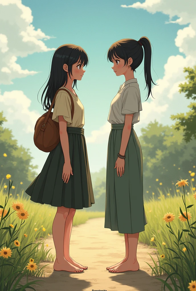 Village girl wearing country outfit she is barefoot and there is a city girl with her also barefoot but she is wearing city outfit no shoes