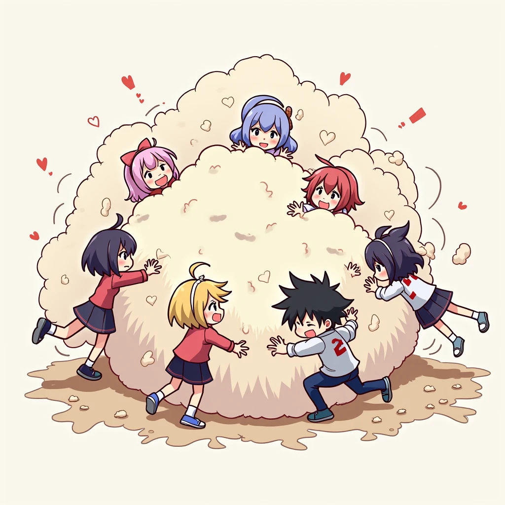 An anime-style illustration depicting many girls and one boy playfully wrestling with each other inside a comical fight cloud (dust cloud).
each girl has different colored hair. one boy with black short hair.
their faces,hands,and feet are visible emerging from the cloud as they tussle humorously, with the rest of their bodies completely hidden inside the cloud.
the illustration emphasizes the humorous and energetic nature of their scuffle,with a fluffy and exaggerated fight cloud.