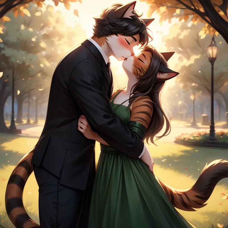 Masterpiece, best quality, high quality, 1Cat anthro boy, 1Cat anthro girl, has Brown stripes fur, (Cat anthro girl wears Green Long dress), (Cat anthro boy wears Black suit with Black jeans), closed eyes, blushed faces, passionate kiss, couple, romantic atmosphere, Love, standing in the park, sunny day