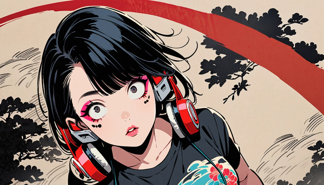 (((Ink Painting))), (((from above))), (((1 female))), (((Japanese pattern T-shirt))), (((punk))), (((Very flashy makeup))), Japanese style headphones, face close-up, front view, Japan人の美少女, Black Hair, Delicate and precise, Modern ukiyo-e style,Japan, Droopy eyes, round face, Glare, Fuller lips, vivid color