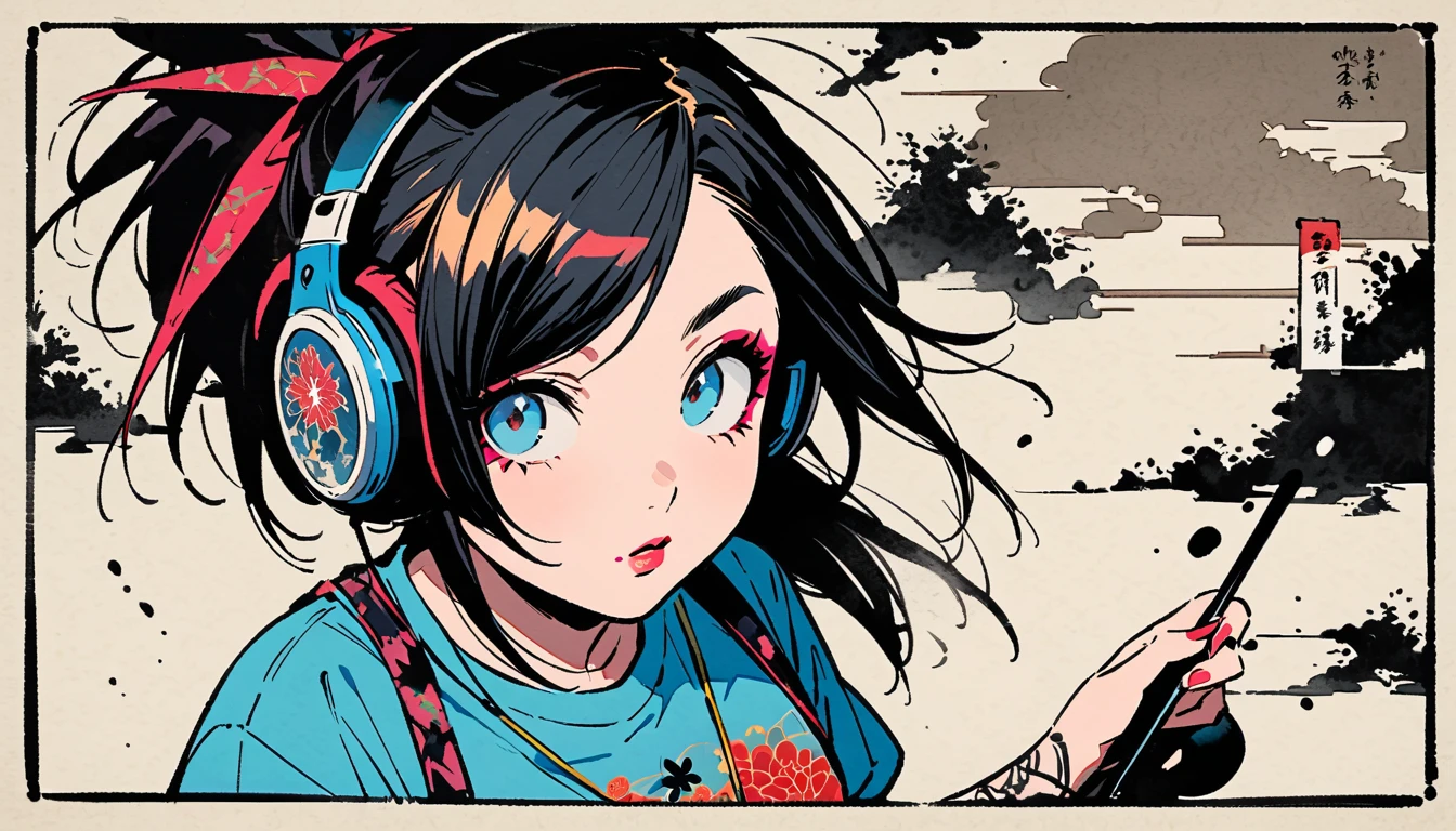 (((Ink Painting))), (((from above))), (((1 female))), (((Japanese pattern T-shirt))), (((punk))), (((Very flashy makeup))), Japanese style headphones, face close-up, front view, Japan人の美少女, Black Hair, Delicate and precise, Modern ukiyo-e style,Japan, Droopy eyes, round face, Glare, Fuller lips, vivid color