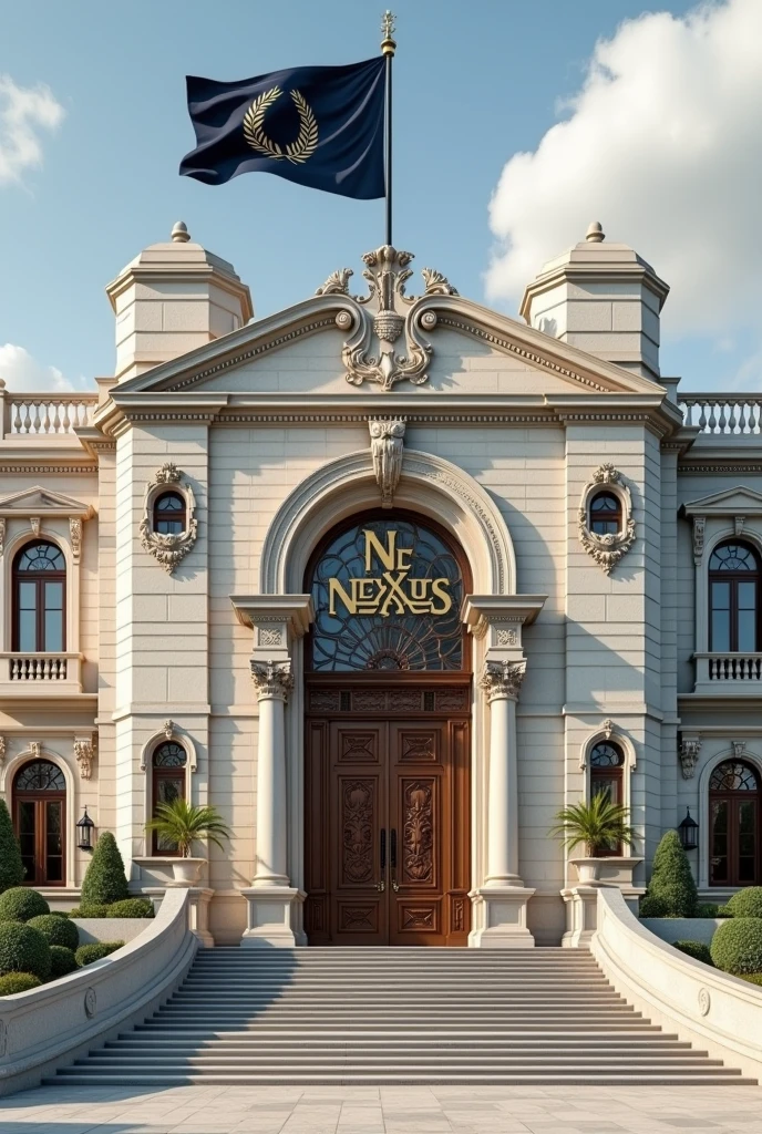 The image features a sprawling and majestic building that blends the grandeur of French and Italian architecture, designed on a large scale, covering an expansive area in terms of square footage. The structure is both imposing and elegant, with a symmetrical layout and an intricate design that showcases the best of European architectural traditions.

The building's façade is crafted from light, cream-colored limestone, accented by darker stone details around windows and doors. The front of the building is dominated by a grand central entrance, featuring a wide, sweeping staircase that leads up to a pair of massive, intricately carved wooden doors. Above the entrance, there is a large, arched window flanked by classical columns, lending a sense of formality and grandeur.

At the top of the building, prominently displayed in large, bold, dark bronze letters, is the name "NEXUS GLOBAL CAPITAL AND EQUITY HOLDINGS." The sign is backlit with a warm, soft glow that enhances its visibility without overpowering the architectural features.

The roof is adorned with ornate, wrought-iron railings along the edges, and the corners of the building feature elegant stone turrets with small, decorative balconies. Large, arched windows run along the length of the façade, allowing natural light to flood the interior while maintaining the classical aesthetic.

Flag Description:

To the right of the central entrance, a tall flagpole is positioned in a prominent yet tasteful location near a beautifully landscaped courtyard. The flag of Nexus Global Capital and Equity Holdings waves proudly atop it, maintaining the same design: a deep navy blue background with a golden emblem at the center. The emblem, a globe encircled by olive branches with the letters "NGCEH" inscribed at the bottom, is elegant and symbolic of the company’s global presence. The flag is of normal size, complementing the grand scale of the building without overpowering the visual balance.

Environment Description:

The su
