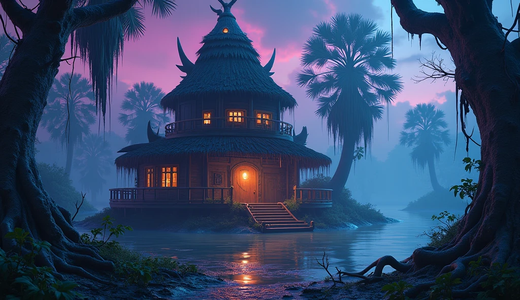 big swamp hut, 3d, stylized, neon lights, near shore, night time