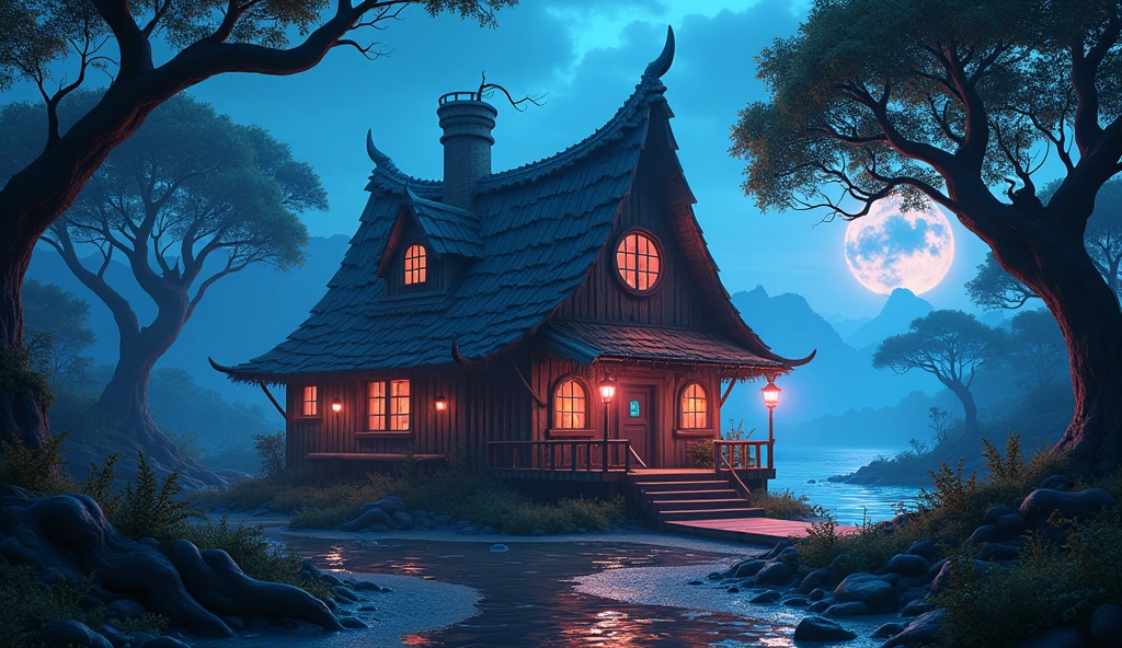 big swamp hut, 3d, stylized, neon lights, near shore, night time