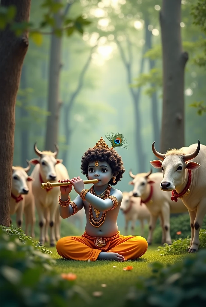 Little Krishna sitting and playing flute with his cattles in a forest under a tree