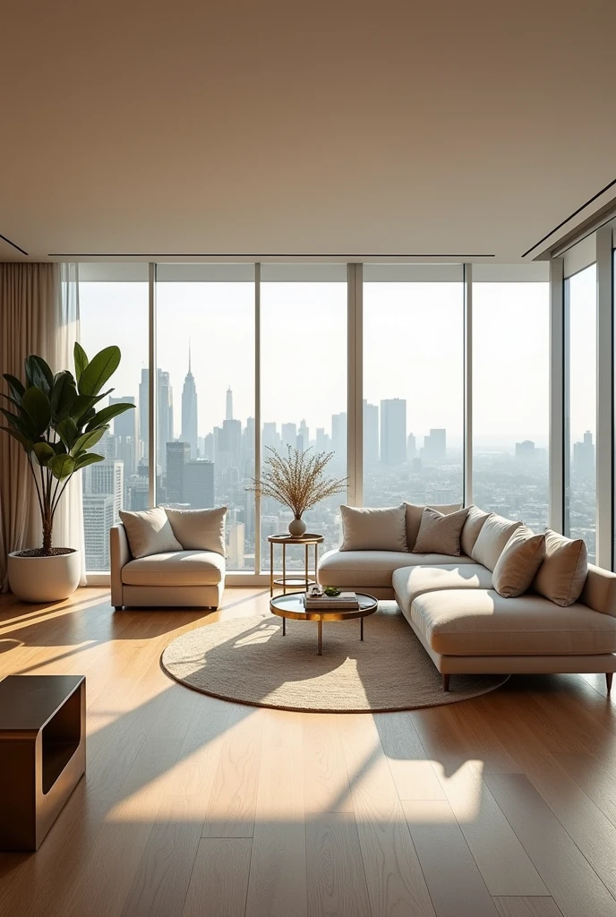 A photograph of a modern luxury apartment interior, featuring a spacious living room with floor-to-ceiling windows, sleek minimalist furniture in neutral tones, and a large, plush sofa. The sunlight streams through the windows, casting soft shadows on the wooden flooring. Accents of gold and marble are visible, adding a touch of elegance. The background showcases a view of a city skyline. hd quality, natural light, realistic textures, wide-angle lens, contemporary design, Scandinavian style, clean lines, bright and airy atmosphere, --ar 16:9 --v 6.0