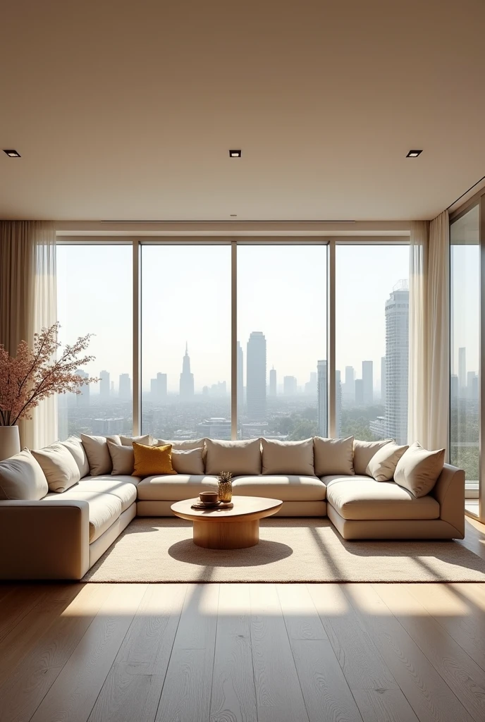 A photograph of a modern luxury apartment interior, featuring a spacious living room with floor-to-ceiling windows, sleek minimalist furniture in neutral tones, and a large, plush sofa. The sunlight streams through the windows, casting soft shadows on the wooden flooring. Accents of gold and marble are visible, adding a touch of elegance. The background showcases a view of a city skyline. hd quality, natural light, realistic textures, wide-angle lens, contemporary design, Scandinavian style, clean lines, bright and airy atmosphere, --ar 16:9 --v 6.0