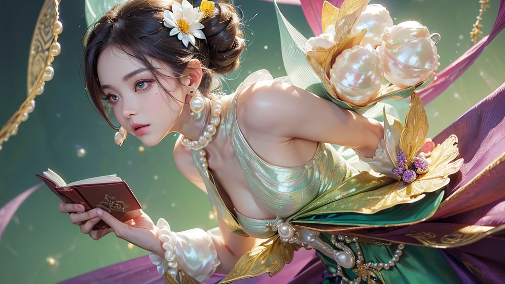 32K, 最高quality, 最高masterpiece, (ultra-Detailed Background, Detailed Background), High resolution, Super detailed, Very detailedな, 1 personの, (bouquet:1.3), (Tangled:1.2), (Geometric:1.2),(colorful),(masterpiece, quality, best quality, Official Art, Beautiful and beautiful:1.2), (1 person:1.3), Very detailed,(colorful:1.1)(Flowers:1.3),Most detailed,(Tangled:1.2), whole body, (Abstract background:1.3), (Skin glows), (Many colors:1.4), ,(Earrings Pearl:1.5), Light green background, It's imaginative., Brunette Hair, Updo, Holding a book, Holding a pen, Satin shirt