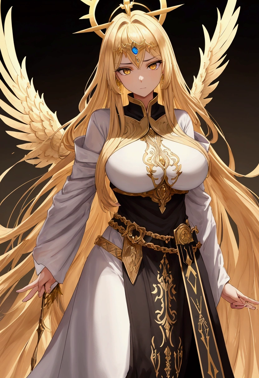 angel girl (big breasts, huge breasts) Tall and elegant figure, with an upright and majestic posture. His presence is imposing, radiating serenity and control. Long golden hair, with tips darkened in black. The hair falls in soft waves to the middle of the back.. beautiful and delicate face, with fine features. His expression is kind, but with an evident inner strength.Deep golden colored eyes. Sometimes, A faint red glow may appear in their irises. Large, majestic wings with white feathers, but some feathers, especially at the tips, They are black. White tunic that falls elegantly around your body, adorned with gold details. Light armor that mixes gold with dark metal in specific parts of the body. Dark metal belt with a gem in the center that can change color.
sword: sword larga con una hoja que puede cambiar de color entre dorado y negro. The handle is decorated with geometric patterns.. Emanation of a faint golden glow mixed with a dark halo around his body. Friendly expression but with a shadow of seriousness or sadness. intense look, with warm but also calculating eyes.