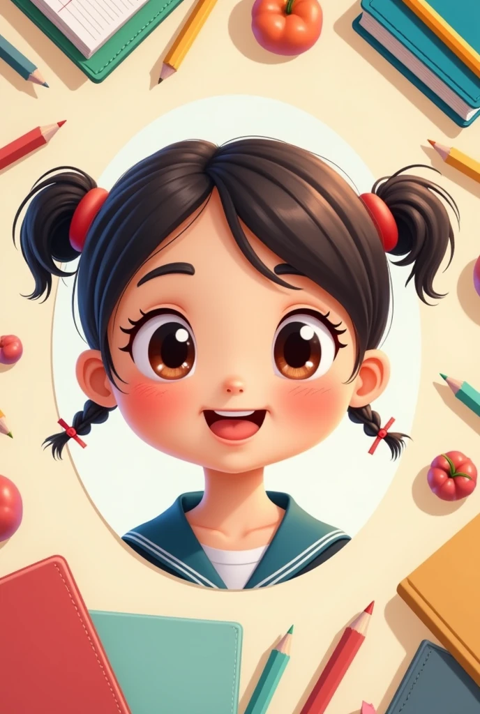 I want the face of a cute looking animated girl with school things in the background To use as a background for a badge with spaces to put letters