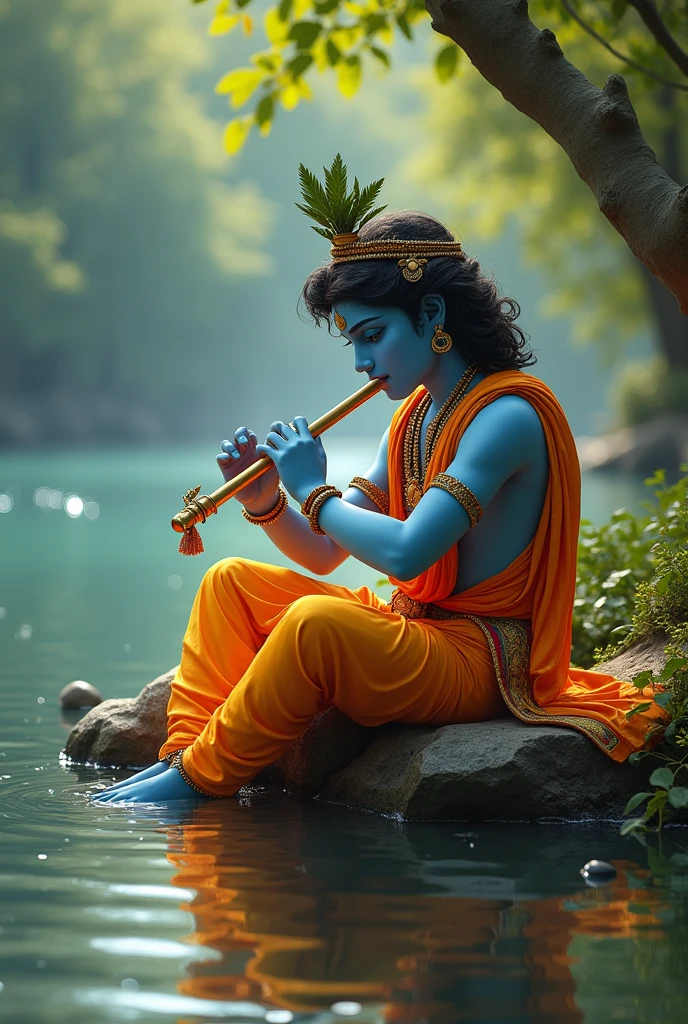 Shrikrishna playing flute sitting near jamuna river bank and can see radha's face in river water fantasyreal.
