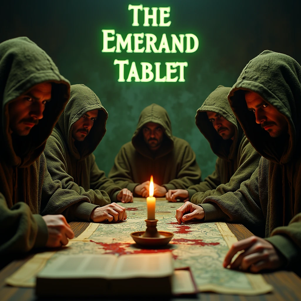 Close-up shot, Low angle shot, a candlelit room where five man sitting look at the viewer, their faces serious and determined, wearing culthu robe with hood and covered by dry moss, the table covered with maps and splaterd blood, books, land a glowing mysterious symbol. in the background representing the emerlad tablet words. The contrast between the calculated plotting and creates a sense of tension and mystery, leaving the viewer questioning the true nature of the Illuminati.) unreal engine, cinematic, hyper-real, highly detailed, Ultra realistic HD --q 2 --v 6.1 --ar 9:16