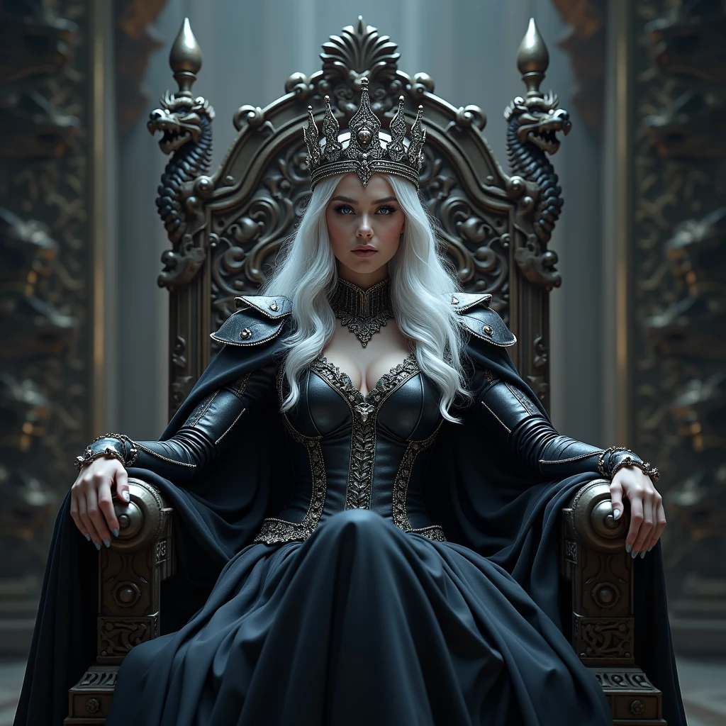 generate landscape picture, 1080p, beautiful woman with silver hair, sitting on the throne, wearing black noble outfit,crowned by silver obsidian crown, surround by kingsguard and her servants kneeling to the queen, in the background carved dragon face staring it queens throne