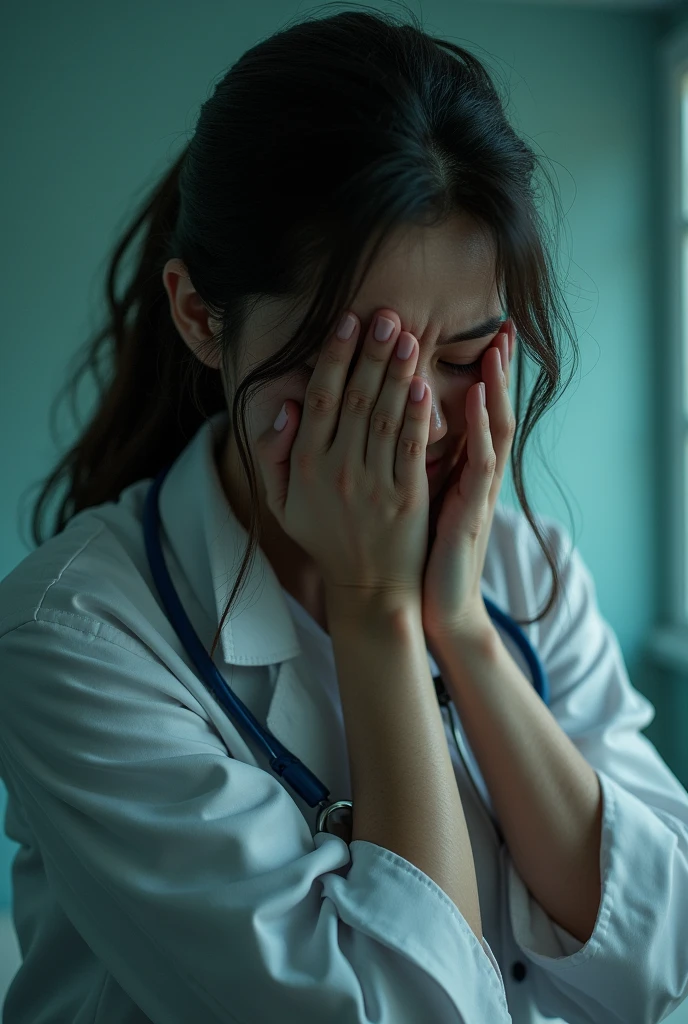 Lady doctor is crying and hand close she is eyes and she is cloth blooding 
