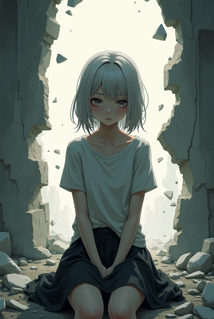 1 girl, white medium hairstyle, sit down, with the concept of broken background.