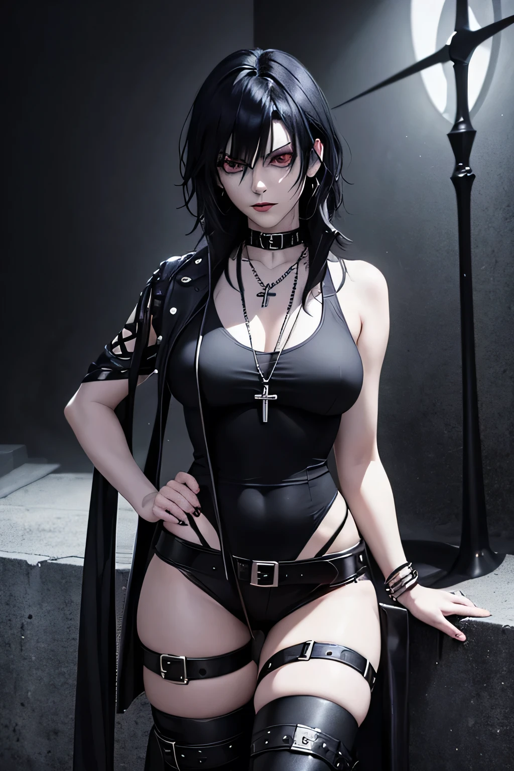 Generate an image: Death from Neil Gaiman's Sandman comic series. A dark, punk/goth age girl. She wears an Ankh cross pendant around her neck. She's dressed in a black sleeveless top with a deep neckline, black pants, and heavy boots. Her skin is pale as chalk. Her hair is black as night. 