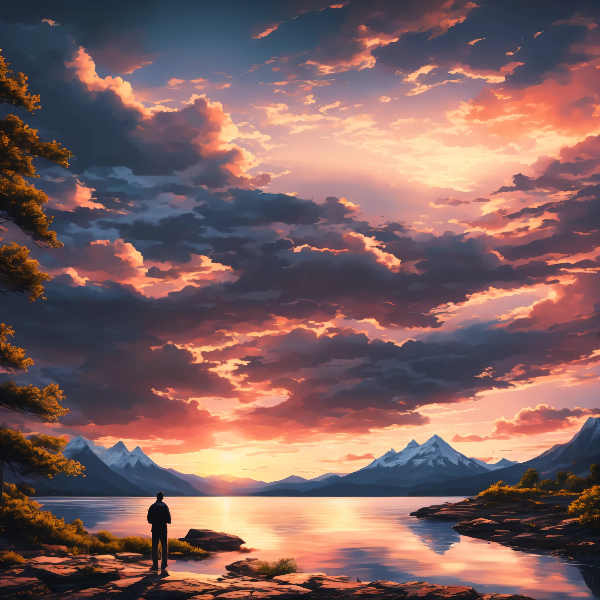 Painting, sunset, man staring into the distance, mountain, lake, sad vibe, Clouds form the words "A Beautiful Place To Cry"