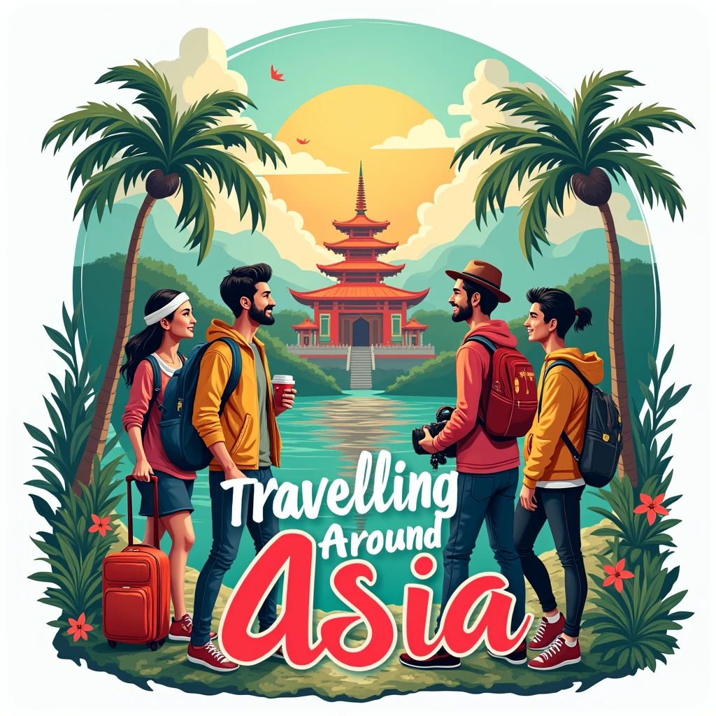 making the name 'Travelling around Asia' the focal point, The design should incorporate tropical beaches, a passport, pagodas, hindu temples and a camera. using a stylish, readable font.