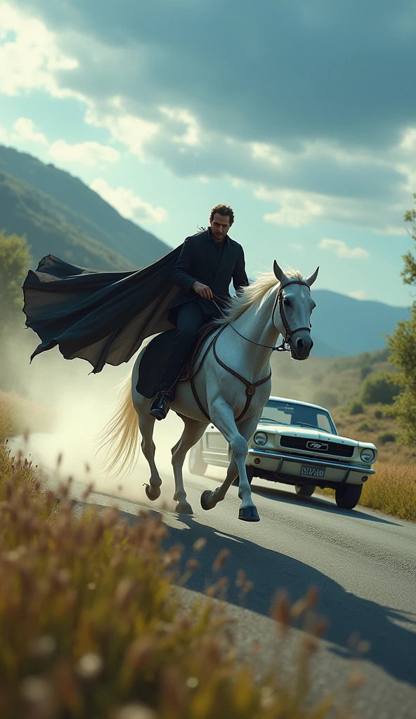 Car chased by man in black dress on a white horse on a road
