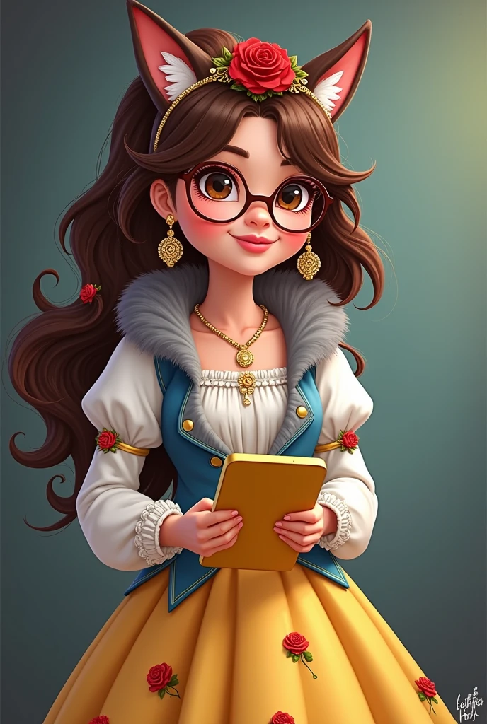 Imagem da filha da Ramona Badwof e da Rosabella Beauty de Ever After High: A long wavy brown ponytail with red streaked bangs, first of all, light brown eyes, brown glasses with a red rose, long white blouse with blue, with red roses on the blouse and sleeves, yellow skirt with golden roses, a faux fur collar around the neck of gray color, wolf earrings, wolf necklace,brown high heel boots with roses, golden flower tiara on head, You have to be holding a yellow tablet with red roses in your hands, You have to have red highlights in your hair, wolf elements in clothing, can't have wolf ears on your head