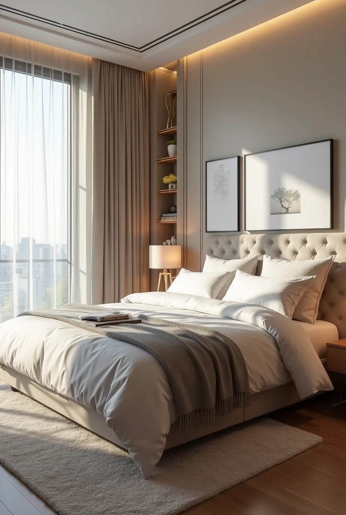 A photograph of a luxurious bedroom in a modern apartment, featuring a large king-sized bed with a tufted headboard, soft linens in neutral shades, and a cozy throw blanket. A stylish bedside table with a designer lamp is placed beside the bed. The room is bathed in soft natural light from large windows with sheer curtains. The background includes a contemporary artwork and a plush area rug. hd quality, natural look, elegant design, soft textures, tranquil atmosphere, minimalistic style, clean lines, --ar 4:3 --v 6.0