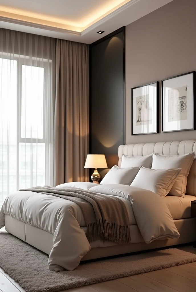 A photograph of a luxurious bedroom in a modern apartment, featuring a large king-sized bed with a tufted headboard, soft linens in neutral shades, and a cozy throw blanket. A stylish bedside table with a designer lamp is placed beside the bed. The room is bathed in soft natural light from large windows with sheer curtains. The background includes a contemporary artwork and a plush area rug. hd quality, natural look, elegant design, soft textures, tranquil atmosphere, minimalistic style, clean lines, --ar 4:3 --v 6.0
