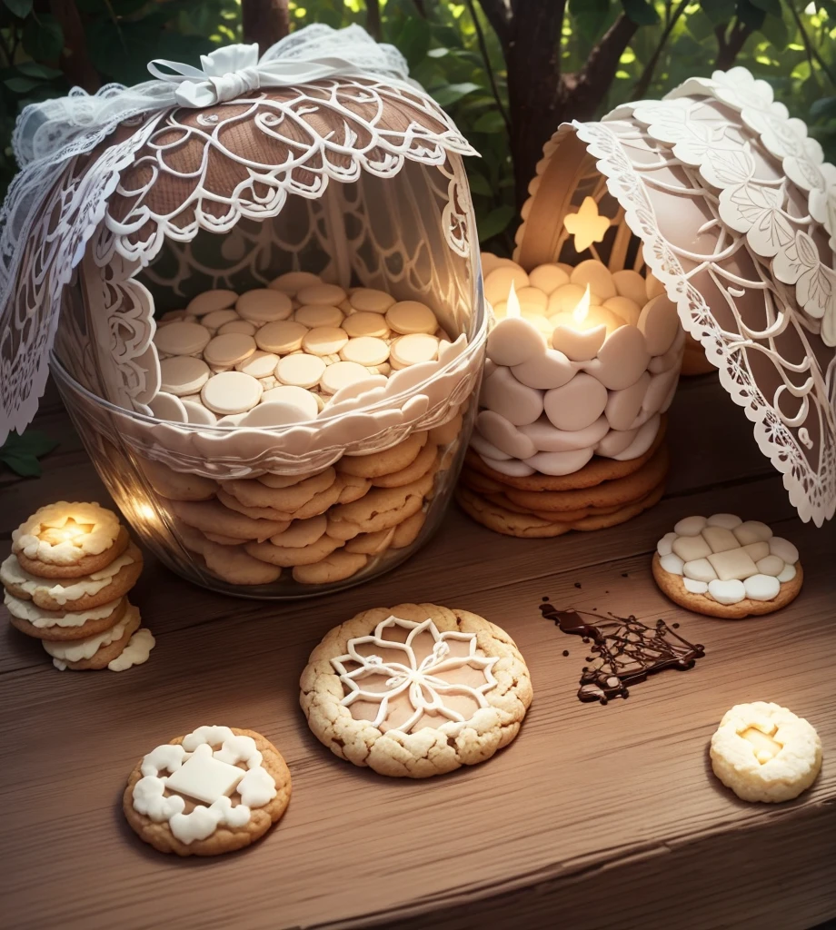 Making handmade cookies by combining them like a puzzle in the forest Candy House Fairy World chocolate The light shines through Delicate lace and ribbon Light color Whitish