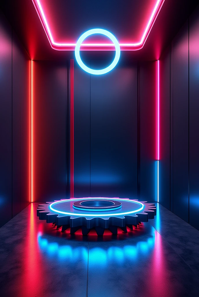 Create a neon room with black walls and a colorful ceiling light. Also add a gear-shape table at the center