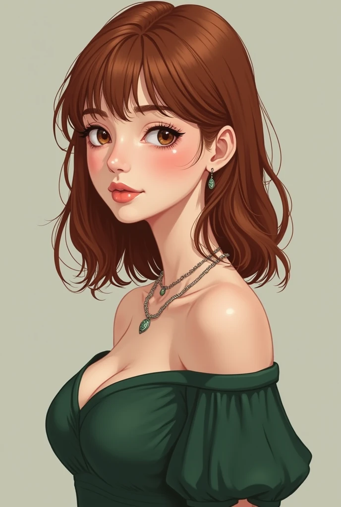 Style manga, femme 30 ans, blanche et cheveux fins et lisses aux epaules couleur auburn foncés. Levres fines, yeux marrons. sa robe verte foncée. Forte poitrine. Elle sourit timidement. Boucles d'oreilles petites et plusieurs chaines fines autour du cou