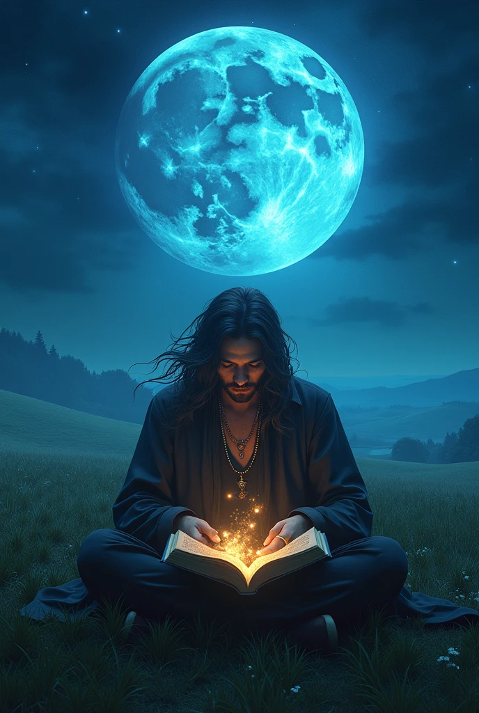 Vanitas in the karte, Vanitas with his book of black pages leafing through and the magic runes coming out, his hair moving, ancient france scenery, Blue full moon, full body, (ultra-realistic), {extremely realistic 8k CG unity wallpaper detailed}, expansive landscape photography, (a low view that prioritizes the character and the sky above, wide open field view), (low angle shot), (high light: 0.5), (low light: 0.5), ( warm light source: 1.2), complex details, (iridescent colors: 2.0), (bright lighting), (atmospheric lighting), dreamy, magical