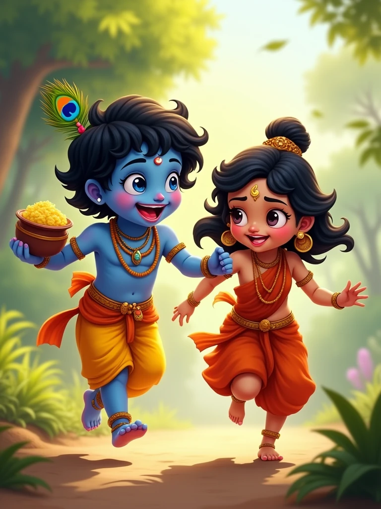 Mother Yashoda running after her naughty son mischievous Little Krishna, who has blue skin, a peacock feather in his black hair, and a flute tucked in his waistband. He holds a pot of butter, his face lit up with a mischievous grin.  Both are laughing, and the atmosphere is filled with joy and playfulness, showing the deep connection between mother and her  son.