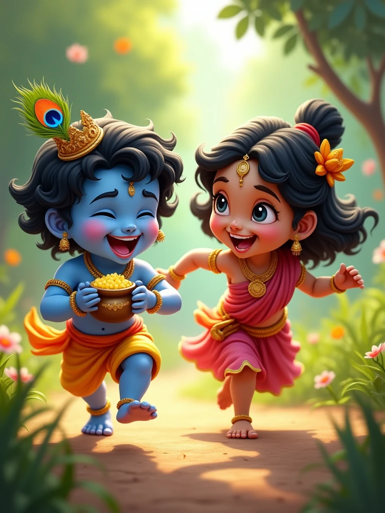 Mother Yashoda running after her naughty son mischievous Little Krishna, who has blue skin, a peacock feather in his black hair, and a flute tucked in his waistband. He holds a pot of er, his face lit up with a mischievous grin. Both are laughing, and the atmosphere is filled with joy and playfulness, showing the deep connection between mother and her little son.
