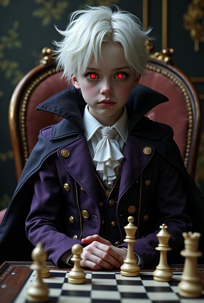  boy with pale white skin 
Vampire 
Bright red eyes 
Messy hair, White with black top 
Wearing an elegant purple Victorian suit, with gold details 
Black cape
Cold gaze, sitting in front of a chess board 