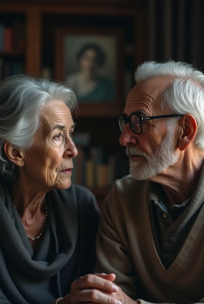  
Create an image 
 Old woman telling her husband something becouse she afraid that their  woman friendship would lead to something more serious.
