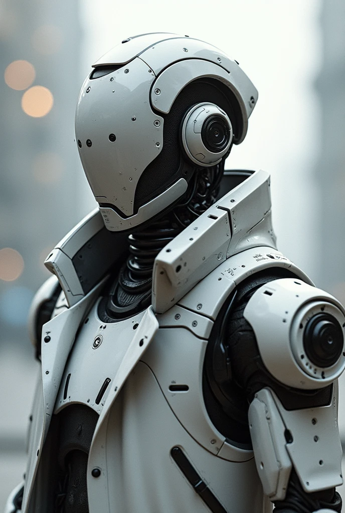 (Best quality, Masterpiece),white,1man,Mechanical marvel,Robotic presence,Cybernetic guardian,wearing a cybernetic jacket,city, highest quality digital art, Stunning art, wallpaper 4k, highly detailed, military robot,army, warzone,black and white, highest quality digital art, Stunning art, wallpaper 4k,8k,64k, HD, unparalleled masterpiece, dynamic lighting, cinematic, epic, damaged mechanical parts