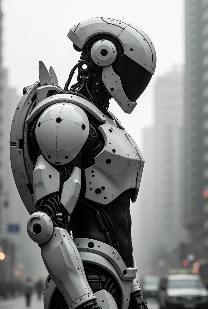 (Best quality, Masterpiece),white,1man,Mechanical marvel,Robotic presence,Cybernetic guardian,wearing a cybernetic jacket,city, highest quality digital art, Stunning art, wallpaper 4k, highly detailed, military robot,army, warzone,black and white, highest quality digital art, Stunning art, wallpaper 4k,8k,64k, HD, unparalleled masterpiece, dynamic lighting, cinematic, epic, damaged mechanical parts