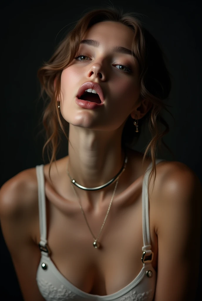 Best Quality, masterpiece, High resolution, 1 girl, totally naked, very busty, excited, white skin, Hair Accessories, collar, jewelry, beautiful face, no clothes, Tyndall effect, realist, Dark studio, Edge lighting, Two tone lighting, (high detailed leather: 1.2), 8k UHD, DSLR, high quality, volumetric light, Sincere, Photo, High resolution, 4k, 8k, background blur,